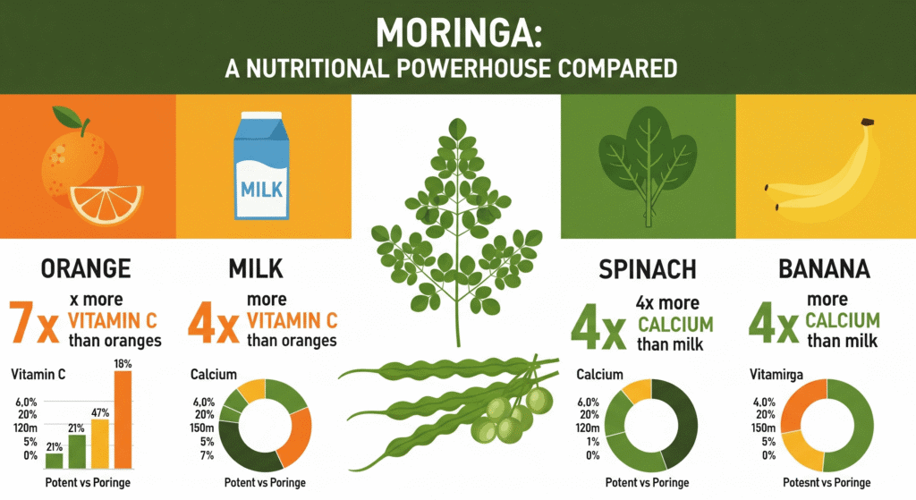 Infographic or chart comparing Moringa's nutritional content to common foods like oranges, milk, spinach, and bananas