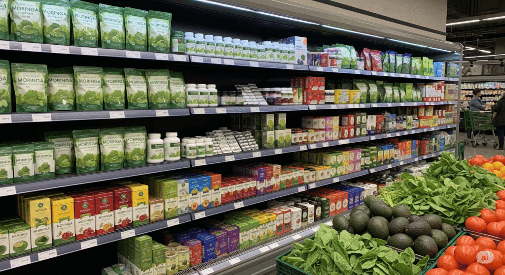 Modern supermarket shelves showing various Moringa products like powders, capsules, and teas alongside traditional fresh produce