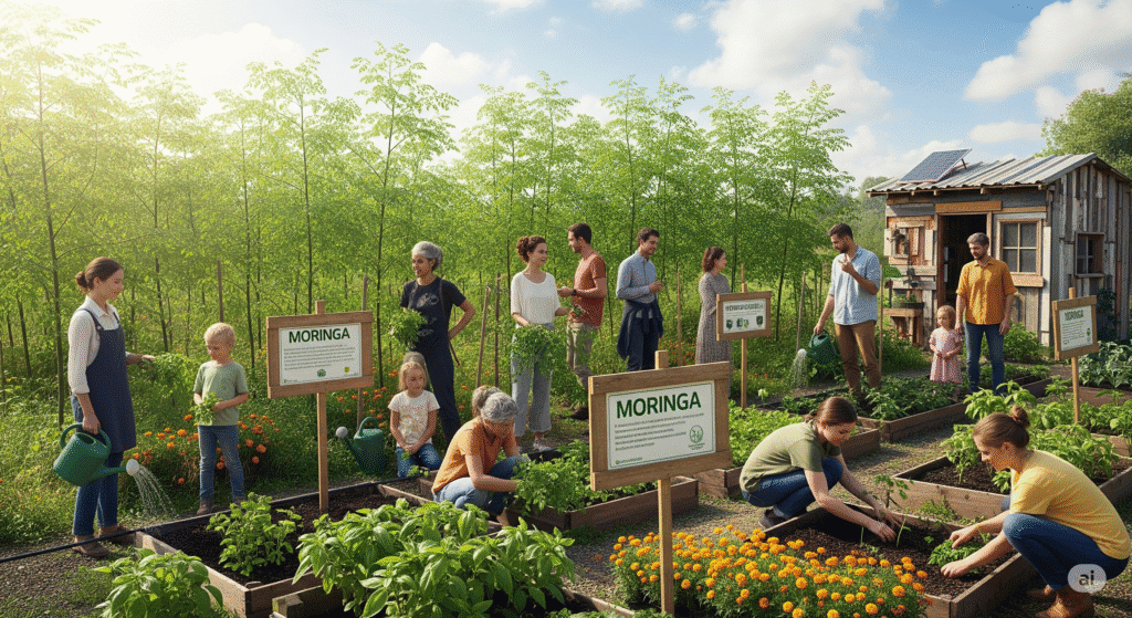 Community garden or farm showing sustainable Moringa cultivation with people of different ages working together