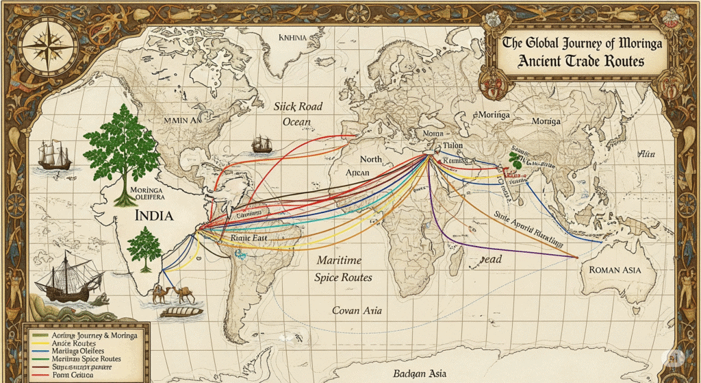 Historical illustration or map showing the spread of Moringa from India to other parts of the world, with ancient trade routes marked