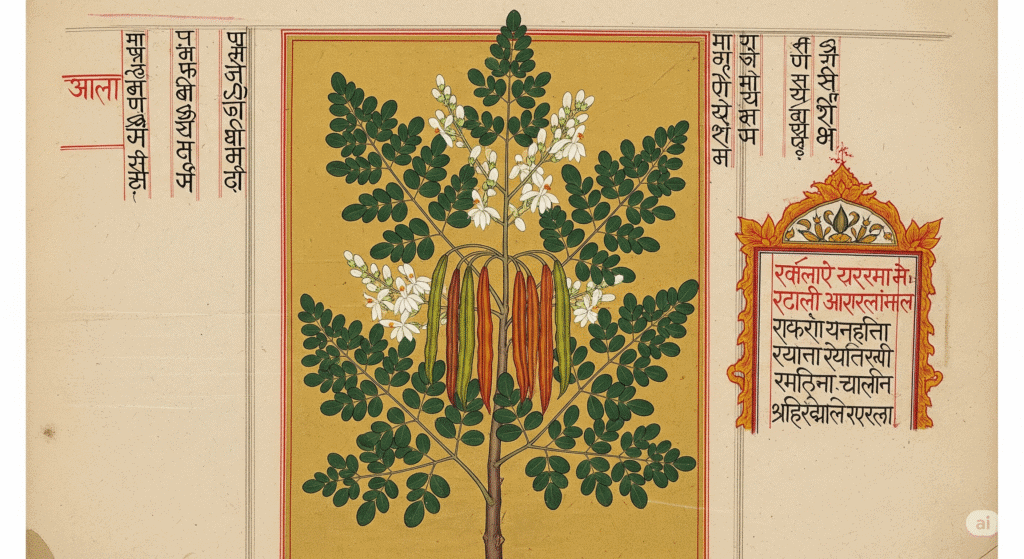 Ancient manuscript or traditional artwork showing Moringa tree with Sanskrit or other ancient text visible