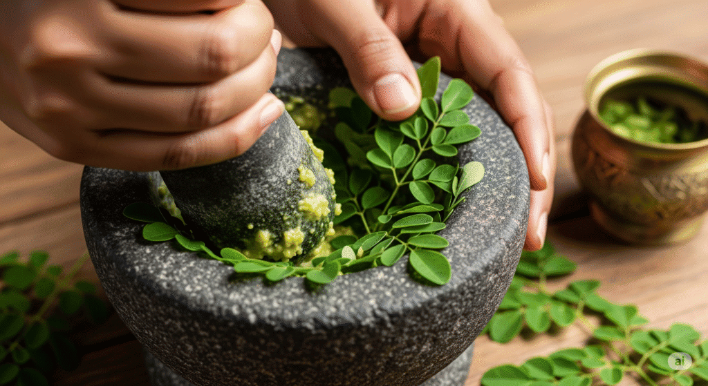 Traditional Ayurvedic preparation with Moringa leaves being ground in a stone mortar and pestle
