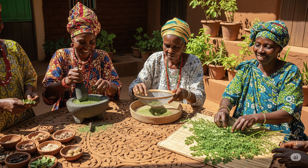 African women preparing traditional Moringa dish or medicine, showing cultural preparation methods