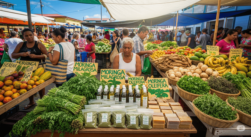 Traditional Caribbean or South American market scene with Moringa products displayed alongside other local foods and herbs