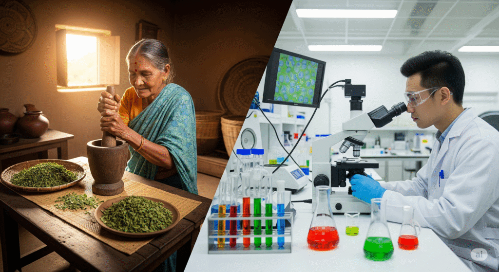 Split image showing traditional Moringa preparation on one side and modern scientific laboratory testing on the other