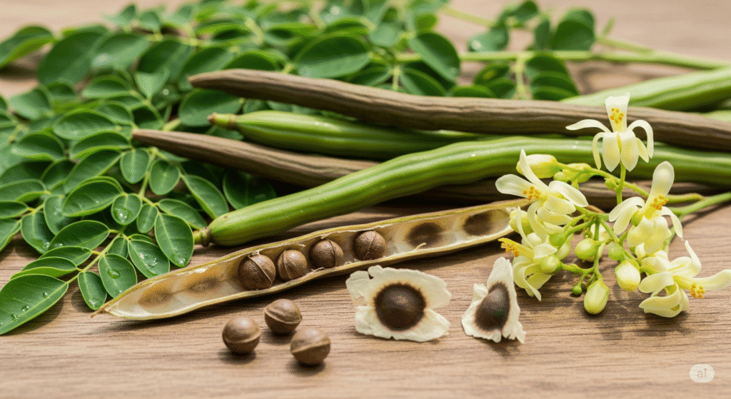 Close-up photo showing different parts of the Moringa tree - leaves, pods, seeds, and flowers arranged together